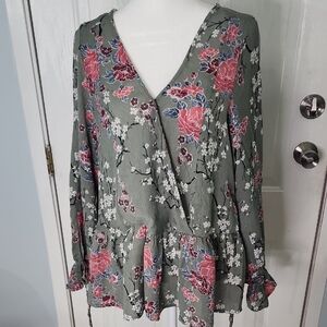 Coverstitched Elegant Floral V-Neck Blouse - Green and Pink